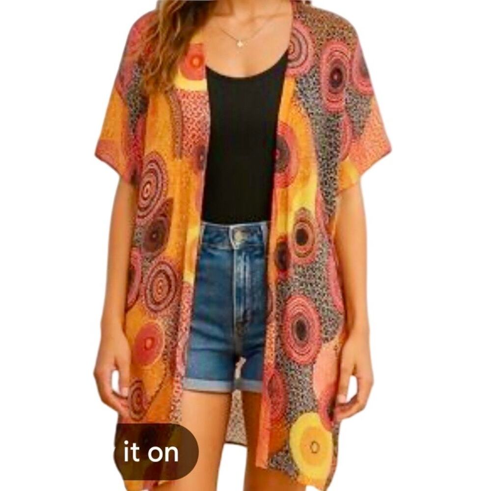 Jessica‎ McClintock Kimono One Size Vibrant Geometric Boho Retro Coverup Resort